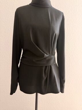 ZARA Draped Peplum Blouse | Long Sleeve Twist Waist Turtleneck w/ Ruched Cuffs